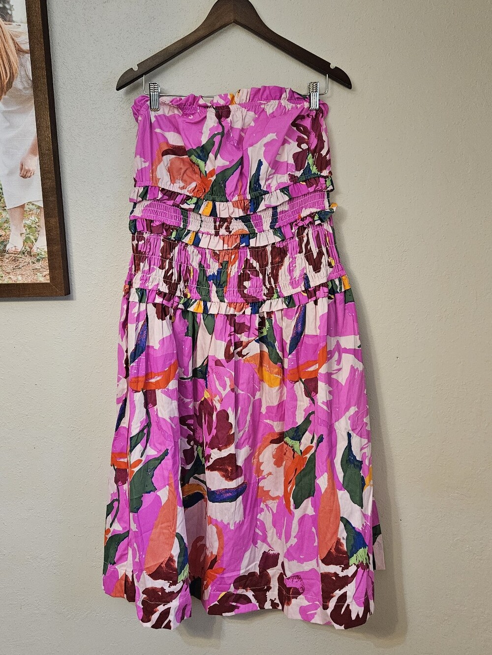 Free Assembly Strapless Cotton Poplin Midi Dress Floral Pink Orange Large